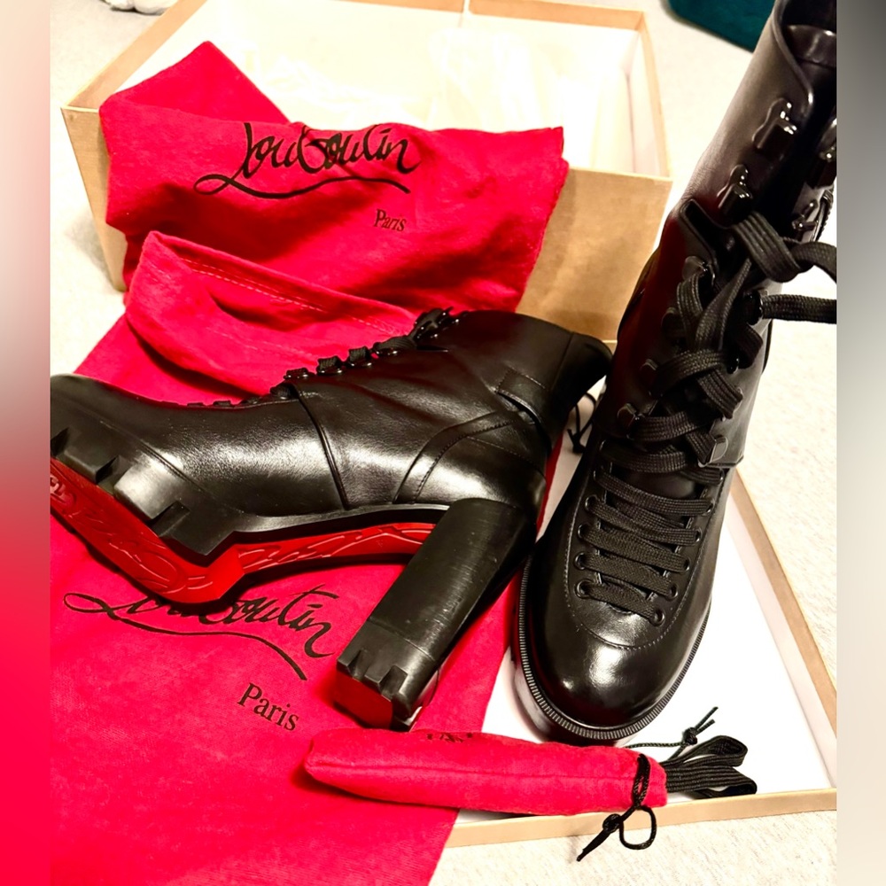 Christian Louboutin Macadamia 100 Buckled Leather Black Lace-Up Ankle Boots 39.5 - Picture 5 of 8